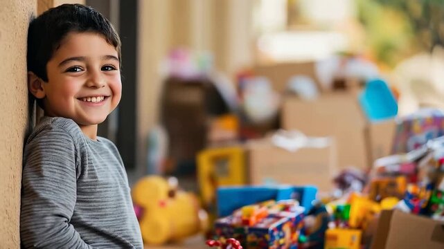 Joyful Boy and Toy Pile: A young child radiates happiness as he smiles against a backdrop of colorful toys, boxes, and a warm, inviting environment, celebrating childhood and play.
