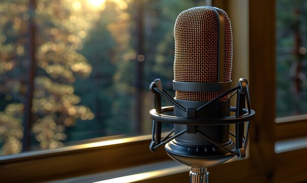 A professional microphone stands in front of a window with a natural view