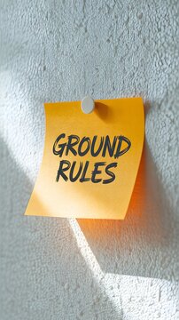 Yellow Sticky Note Ground Rules Concept on Textured Gray Background Minimalist Office Setup