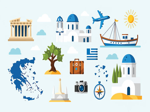 Greece Travel and Tourism Icons A Collage of Greek Landmarks and Culture