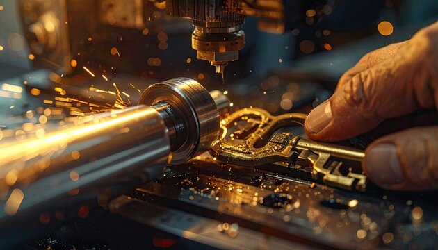 Close-up of metalworking process with sparks in industrial workshop