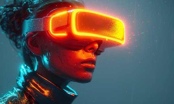 A woman wearing futuristic virtual reality goggles with neon lights