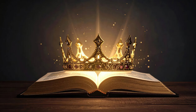 A regal crown resting atop an open book, exuding an aura of wisdom, knowledge, and authority
