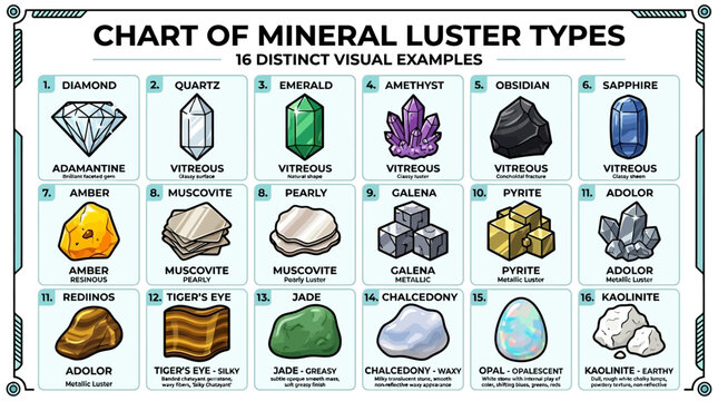 "Vector Chart of Mineral Luster Types with 16 Distinct Visual Examples Featuring Adamantine, Vitreous, Resinous, Metallic, Waxy, Earthy, Chatoyant, Educational Mineral Identification Guide"