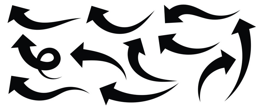 Hand drawn black curved arrow set isolated on white background. Vector curved arrow icon are used in digital interfaces and road marking.