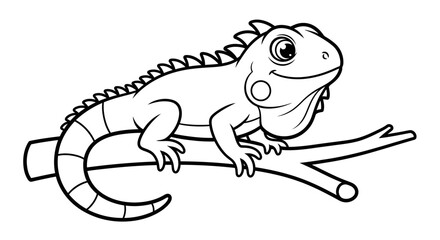 Fototapeta premium A cartoon lizard sitting on a tree branch in a fun playful pose perfect for kids' coloring books and reptile enthusiasts.