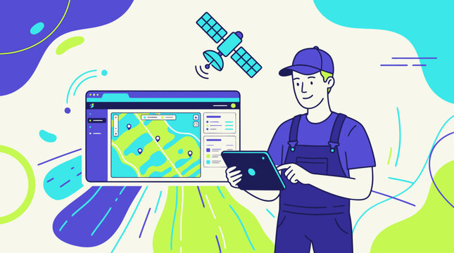 Delivery worker using tablet with satellite navigation system for logistics