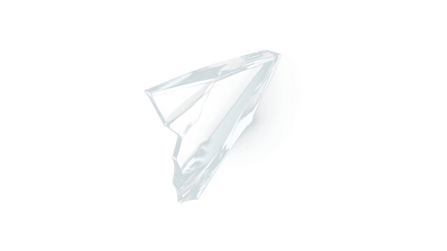 Minimalist shattered glass. Transparent geometric prism explosion with particle debris, broken ice crystal shards on transparent Bg, futuristic 3D render, light scatter, 3D glass shape.