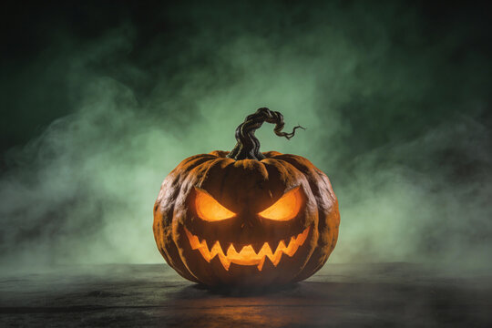 Evil pumpkin with smoke and confetti, Halloween background.