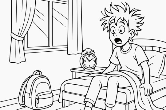 Teenager overslept for school, children's coloring book