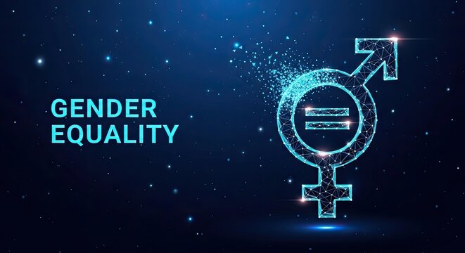 Luminous gender equality icon featuring intricate digital mesh nodes floats within a vast dark blue cosmic space filled with sparkling radiant particles.