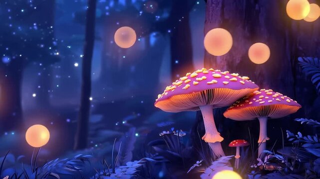 Enchanted Forest Nightscape: A captivating scene of a mystical forest, illuminated by ethereal glowing orbs and complemented by vibrant, oversized mushrooms, creating a magical atmosphere.