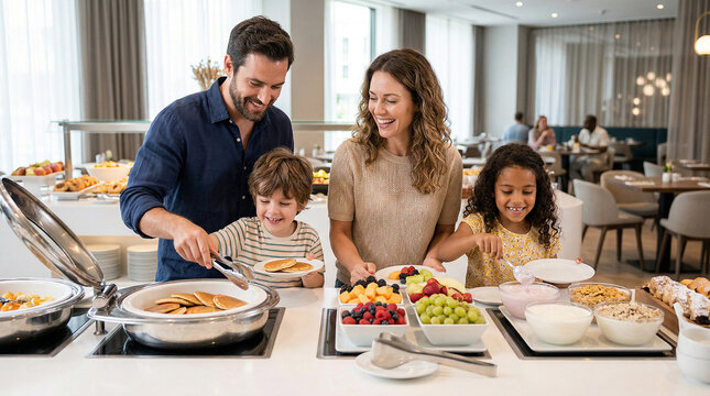 Portrait of happy family having breakfast together