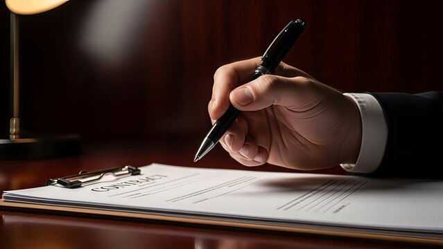 Formalizing agreements: a poised hand signs a contract under the ambient light of a desk lamp