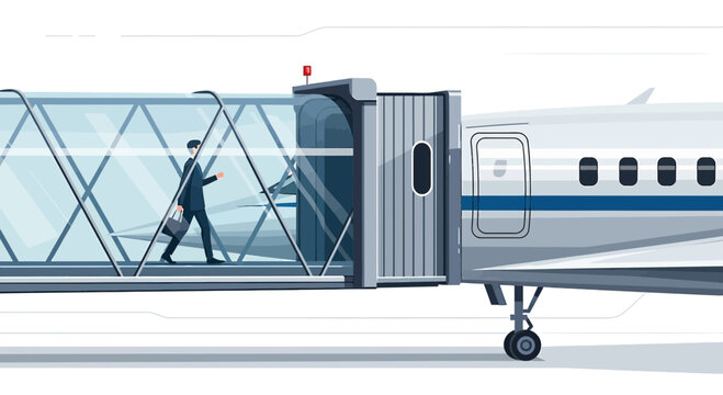 Businessman walking through airport jetway to airplane symbolizing modern corporate travel