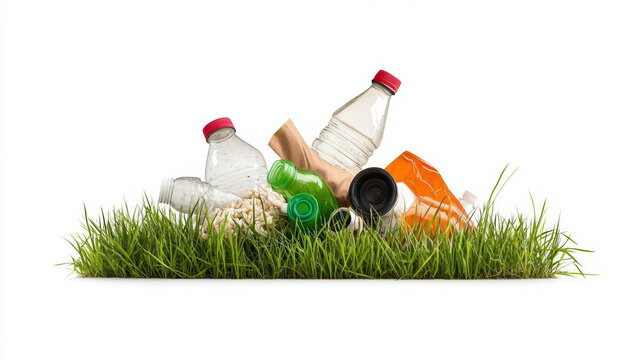 Plastic and metal waste discarded on grass, highlighting litter pollution and environmental neglect.