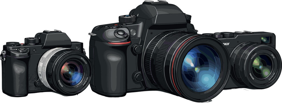 Digital cameras collection with professional DSLR and mirrorless models, photography equipment vector illustration set isolated on white background