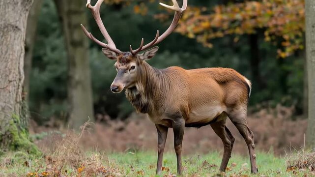 Majestic Stag in Autumn Woodland: A magnificent stag stands proudly amidst the rich hues of an autumn woodland, its impressive antlers and muscular build showcasing nature's artistry. 