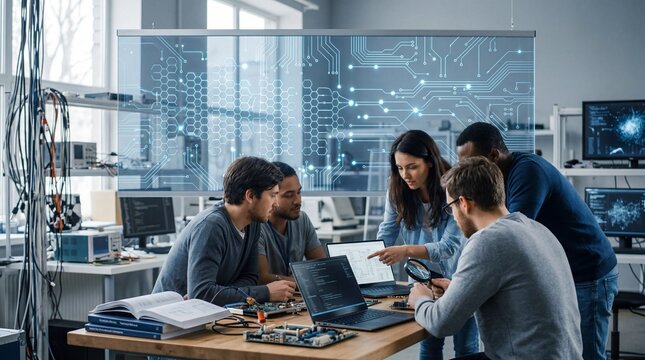 A Team of Diverse Engineers Collaborating on Electronics Hardware and Software Development