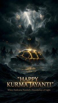 Kurma Jayanti Festival Poster Lord Vishnu Kurma Avatar, Samudra Manthan, Hindu Mythology Cinematic Design