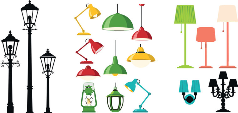Collection of Various Lamp Designs, Including Street Lights, Desk Lamps, Lanterns, and Decorative Lighting, Vector Art for Interior and Urban Designs
