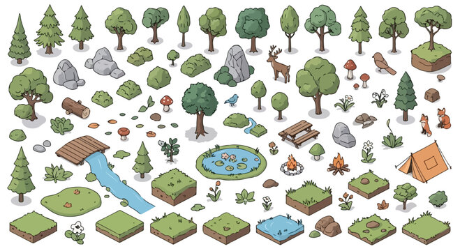 Isometric forest nature kit, 2D game assets with trees and rocks, camping environment elements, outdoor landscape map creator EPS