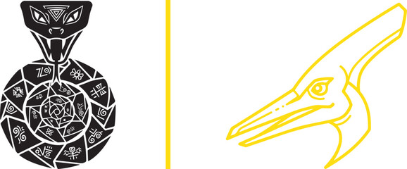 Tribal snake with mystical symbols and yellow pterodactyl head vector illustration set © Muhammad