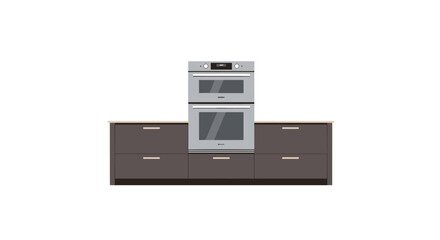Fototapeta premium A stainless steel double oven is mounted directly above a dark brown kitchen cabinet base featuring multiple drawers with long horizontal metal handles.
