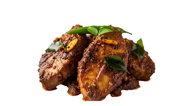 Authentic Sri Lankan Fish Ambul Thiyal Isolated on Transparent Background, Traditional Spicy Fish Curry with Curry Leaves and Spices, Sour and Spicy Fish Dish Illustration - Generative AI