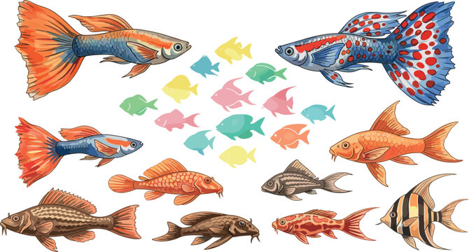 Colorful tropical aquarium fish collection with guppy goldfish and exotic species, decorative marine illustration set isolated background