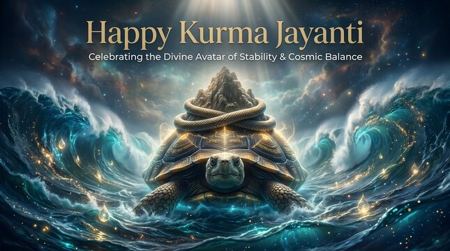 Kurma Jayanti Festival Poster Lord Vishnu Kurma Avatar, Samudra Manthan, Hindu Mythology Cinematic Design