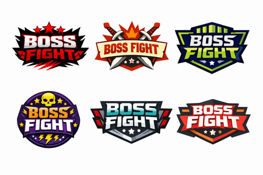 Gaming logos for boss fights, offering various esports emblems and badges for ui design and game interfaces on white