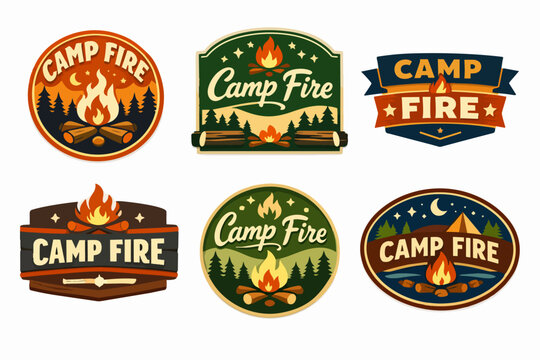 Collection of vintage camp fire emblem designs, celebrating outdoor adventure, camping, and nature exploration in a retro style