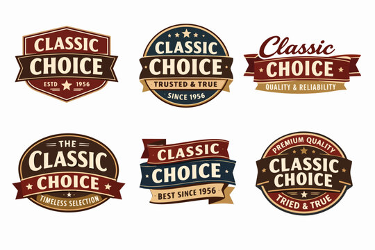 Vintage classic choice emblem badges displaying quality, reliability, authenticity, and premium selection since 1956