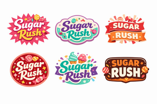 Sugar rush playful typography logos set creating candy, sweets, dessert, and ice cream fun branding concepts