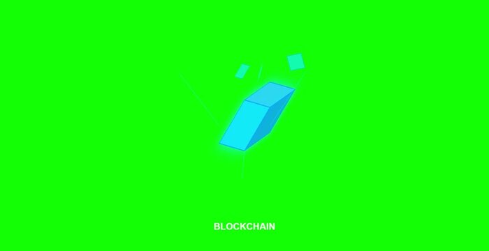 rotating blockchain cube green background, glowing blue cube rotates with pulsing highlights connected to smaller blockchain nodes over vivid green background