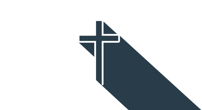 A minimalist dark grey Christian cross icon featuring a sharp and elongated drop shadow cast upon a clean and pristine solid white background surface.