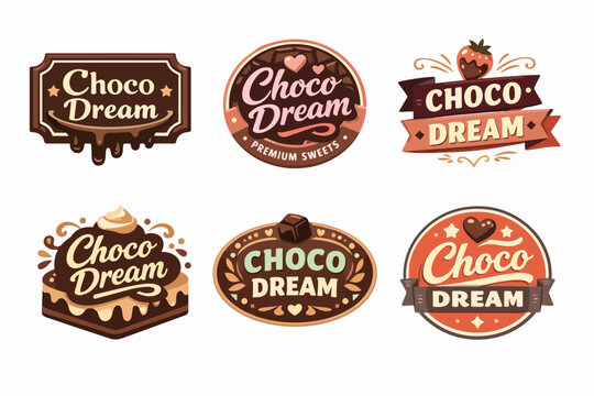 Chocolate dream logos representing sweet brands and confectionery labels with dessert motifs, badges, and stickers