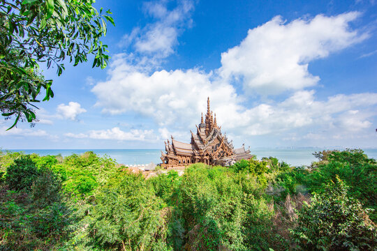 나무,정글,목조건물,박물관,진리의성전,Sanctuary of Truth,바다,파타야,태국