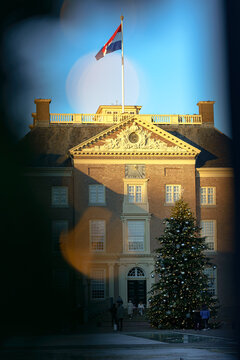 Golden hour light bathes historic facade, illuminating festive cheer.