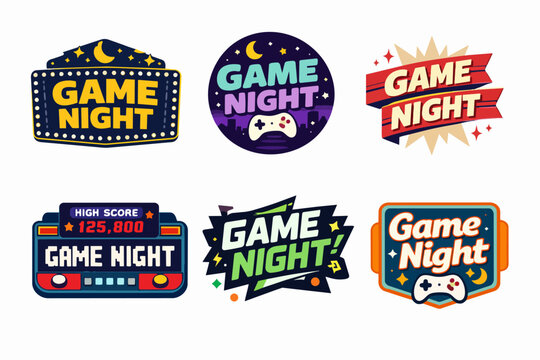 Set of colorful badge designs for game night events, featuring video game themes, arcade elements, and game controllers