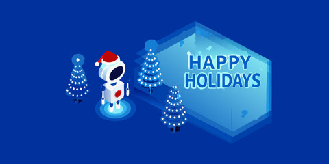 Festive robot stands before a glowing ice cube with holiday greetings © Debashis