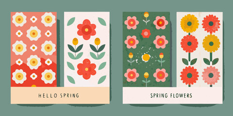 Naklejka premium Four colorful floral patterned rectangles with spring themed text