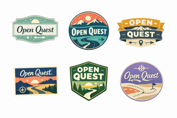 Obraz premium Collection of stylized open quest logos and badges with nature elements, illustrating travel, exploration, and adventure concepts