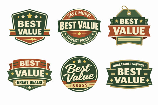 Best value badge collection offering great deals, discounts, and unbeatable savings with vintage retro label design