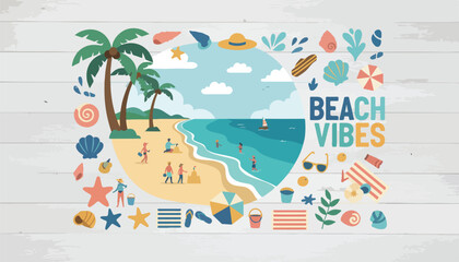Obraz premium Tropical beach vibes vector illustration set, summer vacation elements with palm trees and ocean, coastal holiday icons on wood background