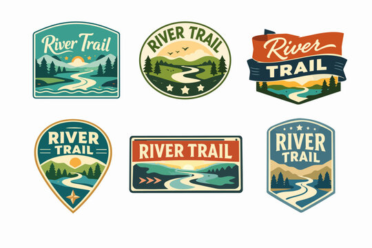 River trail logos inspiring outdoor adventure, exploring nature, hiking in wilderness, discovering forest and mountain landscapes