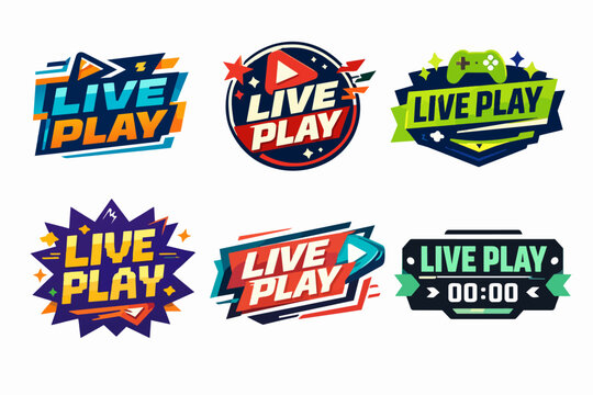 Collection of live play streaming badges displaying vibrant design for gaming, video, and esports content