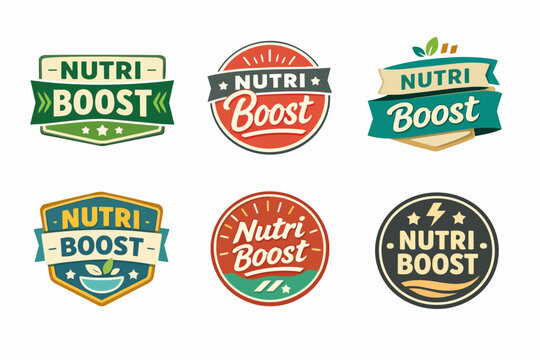 Nutri boost logo designs featuring various badges for nutrition, wellness, and healthy lifestyle brands