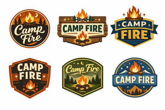 Camp fire logo collection creating a vintage emblem design for outdoor adventure, camping, and wild nature exploration